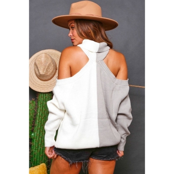 Fantastic Fawn Color Block Cold Shoulder Turtleneck Sweater - Picture 2 of 7